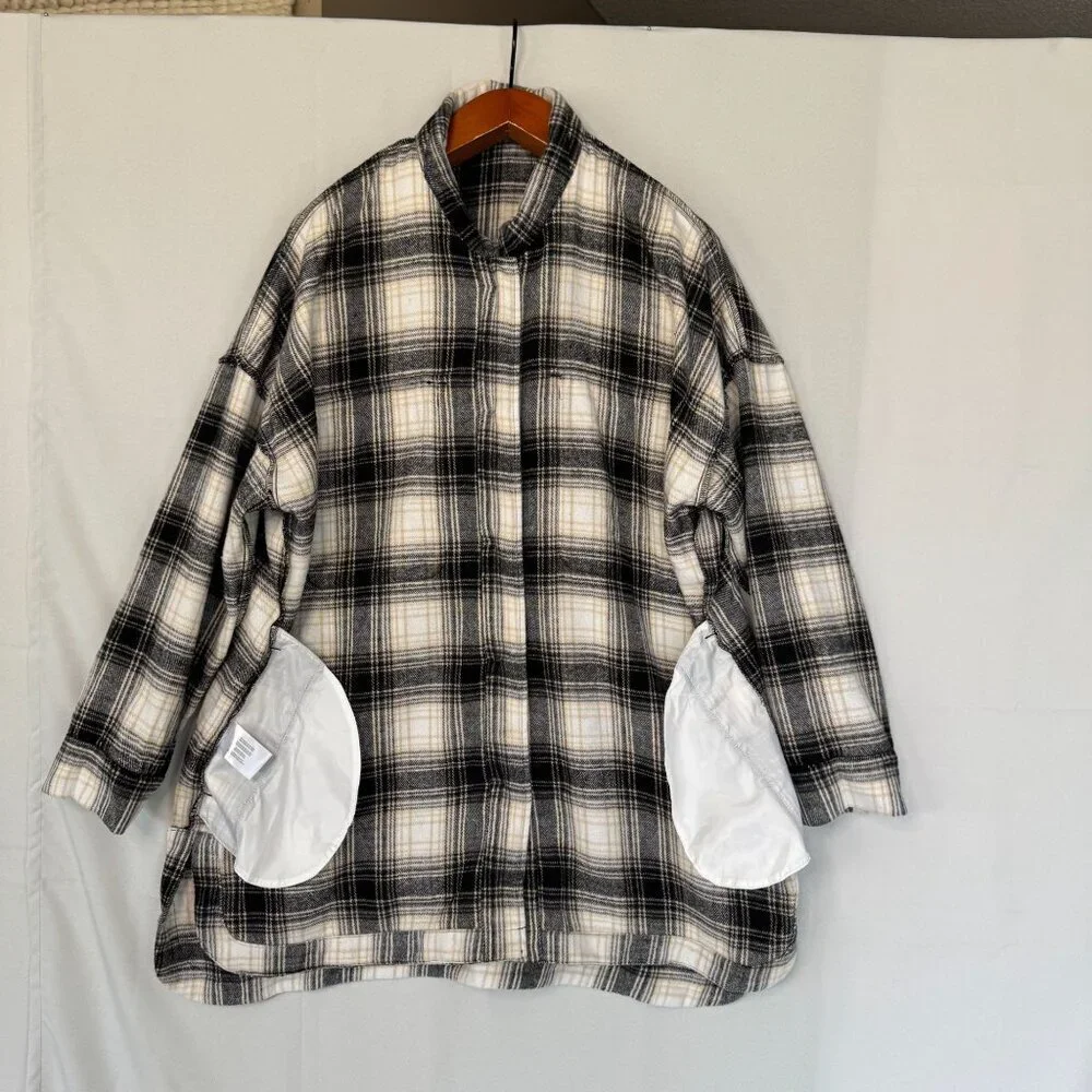 Banana Republic Flannel Black Ivory Plaid Long Line Oversized Shacket Size XL